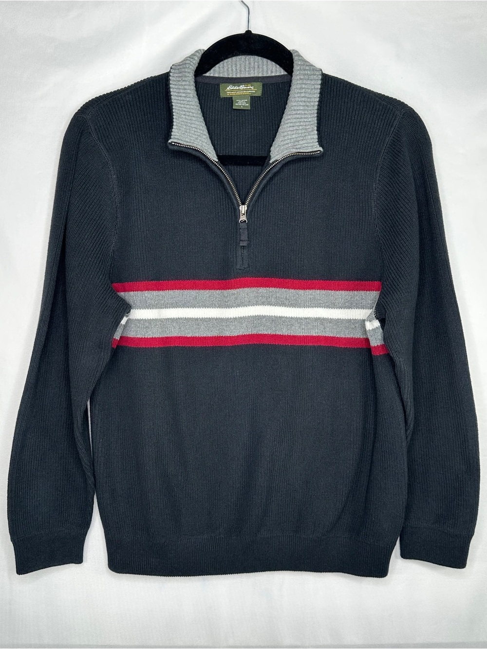 Eddie Bauer Black Quarter-Zip Sweater with Red and Gray Stripes Cotton Sz L